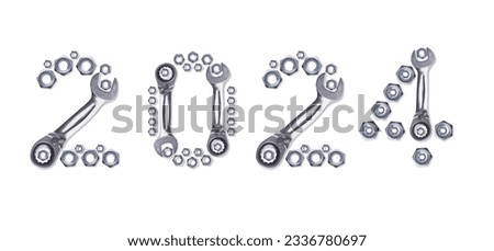 Pattern of metal nuts for bolts, numbers 2024 New Year, isolate on a white background.