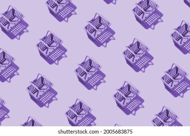 Pattern Miniature Shopping Basket In A Supermarket In Purple Tint. Minimalistic Copy Space Shopping Concept.