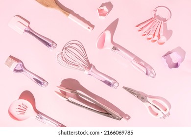 Pattern Of Mix Pink Kitchen Utensils On Light Pastel Pink Background, Flat Lay, Top View 