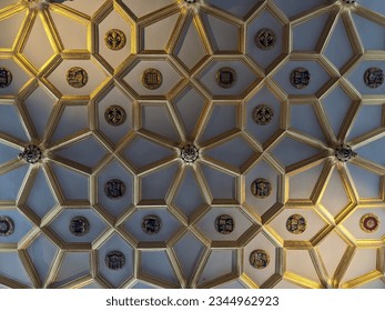 A pattern on a building ceiling 