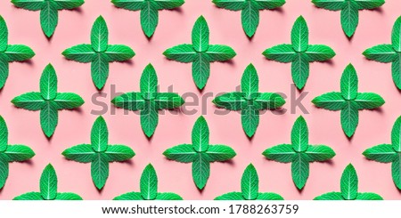 a pattern on pink background of mint leaves of melisa in a plus; seamless;solid;Puzzle;