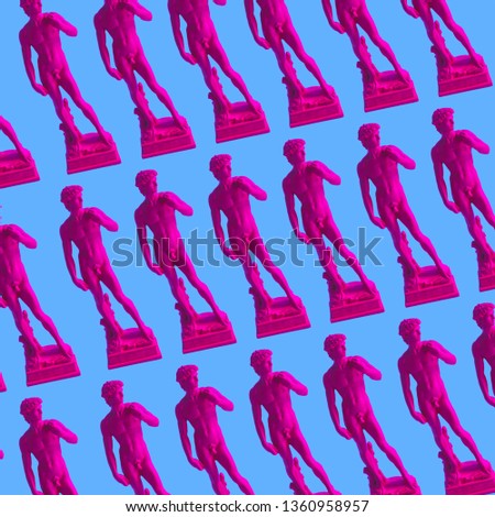 Pattern of pink neon Davids,  masterpiece of Renaissance sculpture created  by Michelangelo. Vaporwave style. Blue background