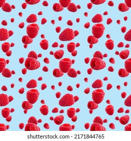 Pattern With Ripe Raspberry. Berries Abstract Background. Raspberry Pattern For Package Design With Blue Background.