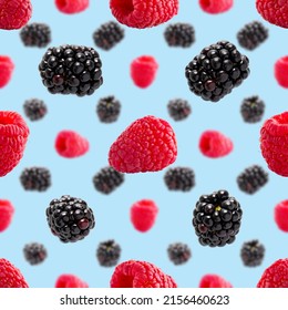 Pattern With Ripe Raspberry And Bramble. Berries Abstract Background. Raspberry And Bramble Pattern For Package Design With Blue Background.