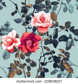 Pattern of roses and rose leaves on a turquoise background