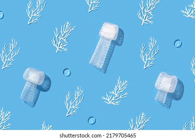 Pattern With Sea Animals Jellyfish And Corals From Plastic Underwater, Creative Flat Lay Pollution World Ocean, Microplastics Pollution Ecology Problem. Environmental Issue, Plastic Pollution Concept.