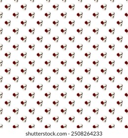 a pattern with a skull. Seamless pattern with skulls. Seamless pattern with skulls and flowers on a white background. A white human skull with a red dahlia flower inserted into the eye socket.