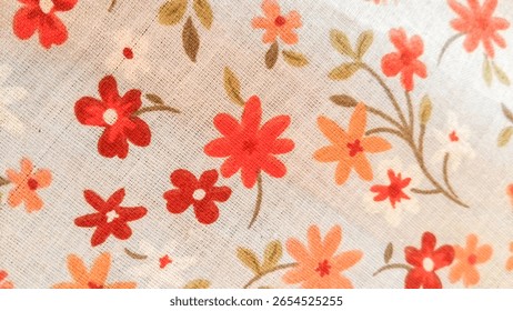 A pattern of small red, orange and white flowers on cotton or linen fabric.