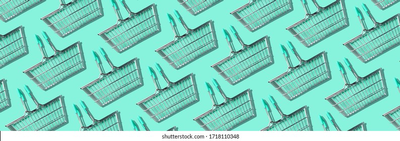Pattern of supermarket shopping basket on green background. Creative design for packaging. Online shopping. Seamless pattern. Black friday sale concept. Copy space. Sustainable, minimalist lifestyle