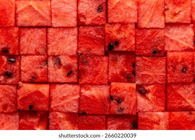 pattern, texture of watermelon cubes, summer vibe, red colour, edible art, many watermelon cubes put together to pattern