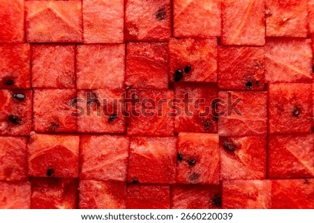 pattern, texture of watermelon cubes, summer vibe, red colour, edible art, many watermelon cubes put together to pattern