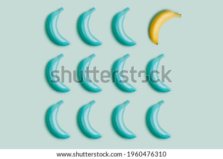 Pattern with unique yellow banana among many blue ones against pastel turquoise background. Minimal summer organic fruit geometrical layout. Creative individuality and difference concept. Flat lay.