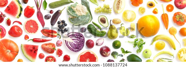 pattern of various fresh vegetables and fruits isolated on white background, top view, flat lay. Composition of food, concept of healthy eating. Food texture.