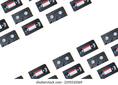 Pattern With A VHS Video Cassette, Golden Compact Disc, Outdated Technology Background. 