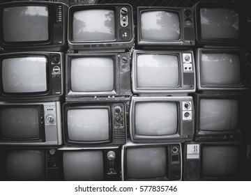 Pattern Wall Of Pile Black And White Retro Television (TV) - Vintage Filter Effect Style.