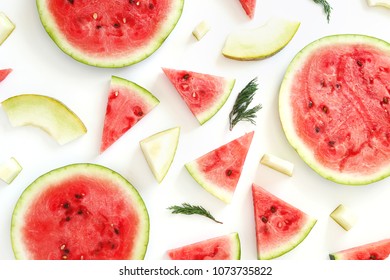 Pattern of watermelon lobules. Fresh watermelon, sliced in circles on a white background.