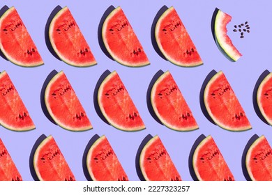 pattern from watermelon on a purple background. fruits on a purple table. juicy ripe watermelon on the dining table. fruit pattern - Powered by Shutterstock