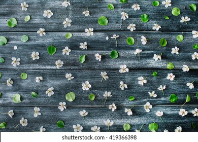 Pattern with white flowers and branches on old retro wooden table background. Flat lay, top view – Ảnh có sẵn