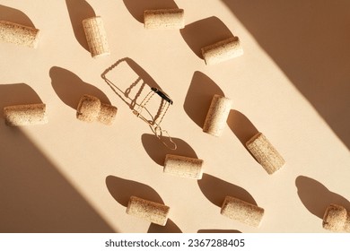 Pattern with wine and champagne corks, sun glare from a champagne bottle on a beige background with hard sunlight and shadow. Background with wooden bottle cap, top view, minimal flat lay.