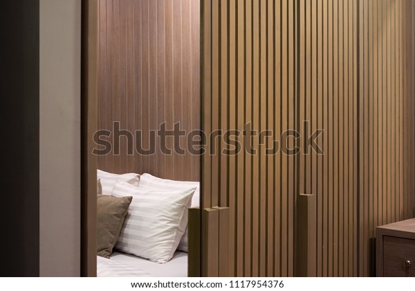 Pattern Wooden Closet Bedroom White Pillows Stock Photo Edit Now