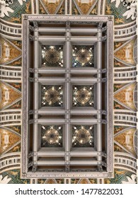 Patterned orange and brown ceiling