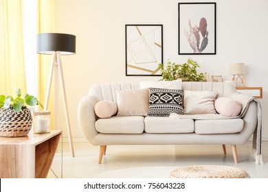 Patterned pillow on a beige couch next to lamp and plant on a cabinet in simple living room with posters on the wall