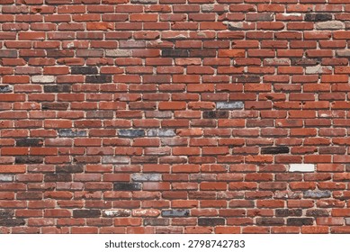 A patterned texture of an aged brick wall with bricks in various shades of red and some white bricks of an outdoor building on a sunny day