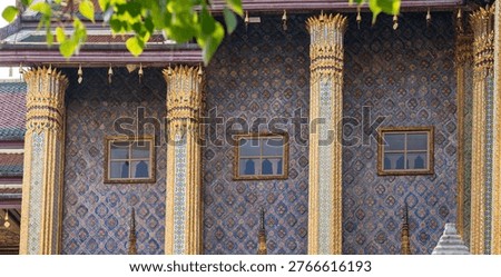 Patterned walls, frames, and roof edges create a rich study of Thai temple design. Repeated motifs and colors fill each close architectural view.