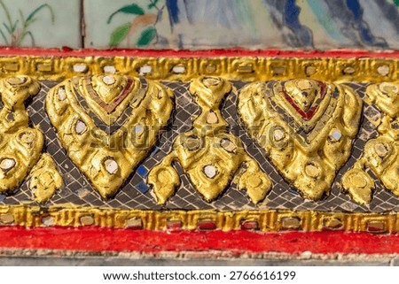 Patterned walls, frames, and roof edges create a rich study of Thai temple design. Repeated motifs and colors fill each close architectural view.