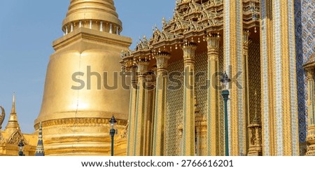 Patterned walls, frames, and roof edges create a rich study of Thai temple design. Repeated motifs and colors fill each close architectural view.