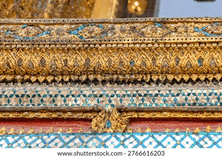 Patterned walls, frames, and roof edges create a rich study of Thai temple design. Repeated motifs and colors fill each close architectural view.