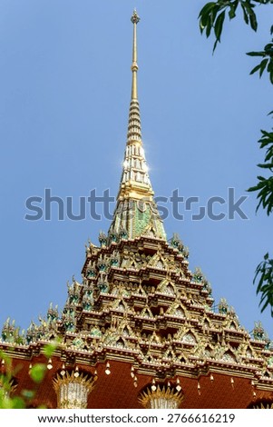 Patterned walls, frames, and roof edges create a rich study of Thai temple design. Repeated motifs and colors fill each close architectural view.