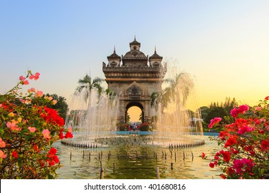 Patuxai Gate in the Thannon Lanxing area of Vientiane,Laos 