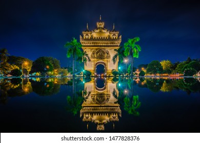 Patuxai Gate of Triumph in Night Light, Vientiane, Laos, Patuxai literally meaning `Gate of Triumph` is the famous landmark in Vientiane known by the French as Monument Aux Morts is a war monument.