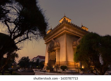 Patuxai Gate of Triumph in Night Light, Vientiane, Laos, Patuxai is a war monument in the center of Vientiane.