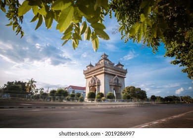 Patuxay park or Monument at Vientiane, Laos. Patuxay monument is dedicated to the deads during the Independance war from France, shot during the blue sky hour in Vientiane, the capital city of Laos.