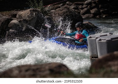 PAU, FRANCE - AUGUST 27, 2022: Extreme Kayak Canoe Slalom Competition. Mountain River