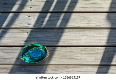 Paua shell on sun drenched dec. Showing the magnificent colours of the sea against sun bleached wooden decking. Brings images of summer, beach, holidays, peace, nature and tranquility.