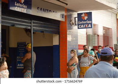 Paudalho, Pernambuco/Brazil - April 27 2020: Queue Of People In Front Of The Caixa Econômica Bank Waiting For The Emergency Aid That The Government Gave Due To The Covid 19 (coronavirus) Pandemic