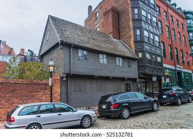 Paul Revere House at 19 North Square in Boston, MA, USA. People on the background
