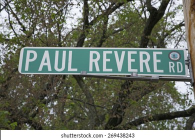 Paul Revere Road sign, outside Lexington MA to represent the Revolutionary War, 1776, MA