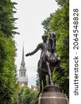 Paul Revere statue and Old North Church in Boston, USA