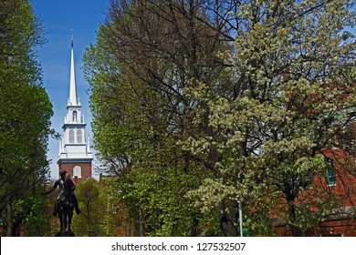 Paul Revere statue and Old North Church in Boston