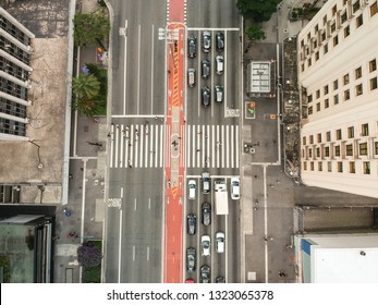 Paulista Avenue, Aerial View. People Walking And Traffic. Sao Paulo, Brazil