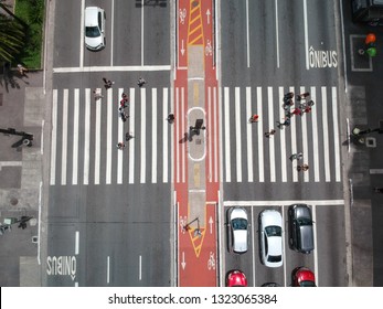 Paulista Avenue, Aerial View. People Walking And Traffic. Sao Paulo, Brazil