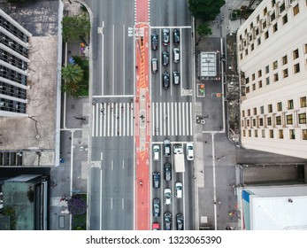 Paulista Avenue, Aerial View. People Walking And Traffic. Sao Paulo, Brazil