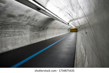 São Paulo / São Paulo / Brazil - 06 10 2012: Subway Tunnel Almost Empty. Only One Distant Single Person Far Away.