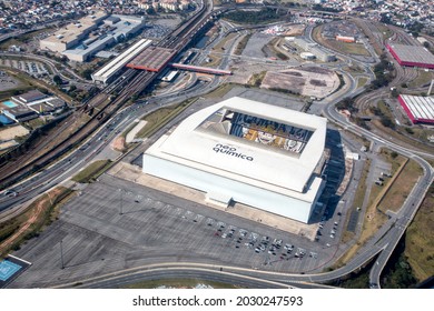 SÃO PAULO, BRAZIL - AUGUST 2021 - Neo Química Arena - Arena Corinthians  Aerial View