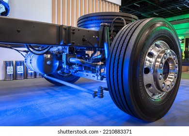 São Paulo, Brazil - August 9, 2022: Closeup Detail Of A Wheel And Volvo Chassis Part Of A Bus.