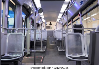 São Paulo, Brazil – August 9, 2022: Interior Of A Iveco Electric Bus, With Wheelchair Access. Low Floor Vehicle. On Display At The Public Transport Show LAT.BUS 2022, Held In The City Of São Paulo.